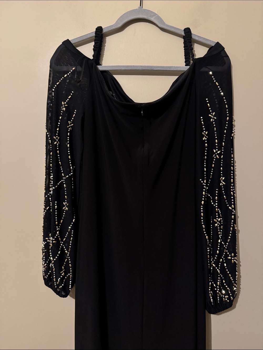 NWOT Marina Off the Shoulder Long Sleeve Beaded Midi Dress, Black, size Large - Picture 9 of 10